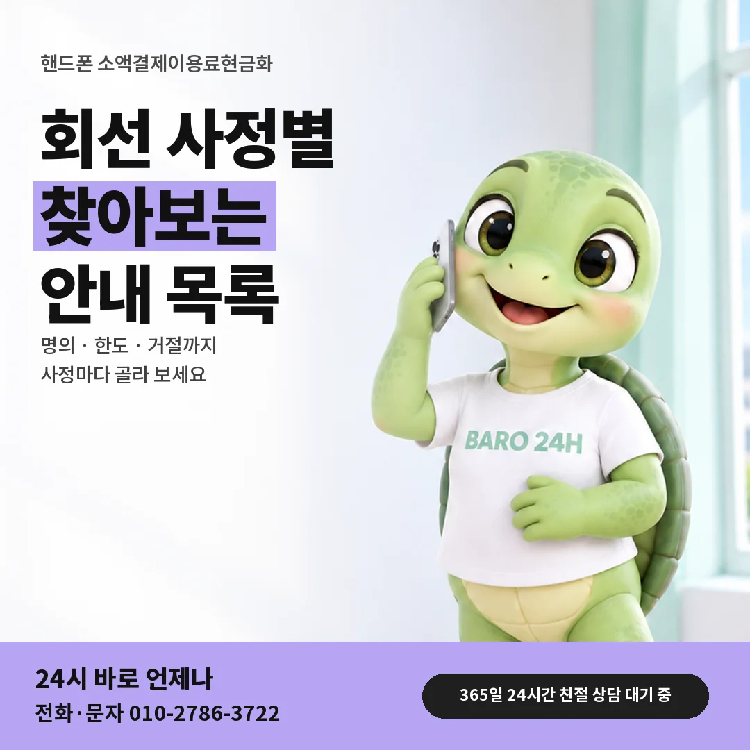 휴대폰을 보며 웃는 BARO 24H 티셔츠를 입은 3D 거북이 캐릭터 옆에 「핸드폰 소액결제이용료현금화 사정별 안내」 제목을 얹은 안내 카드