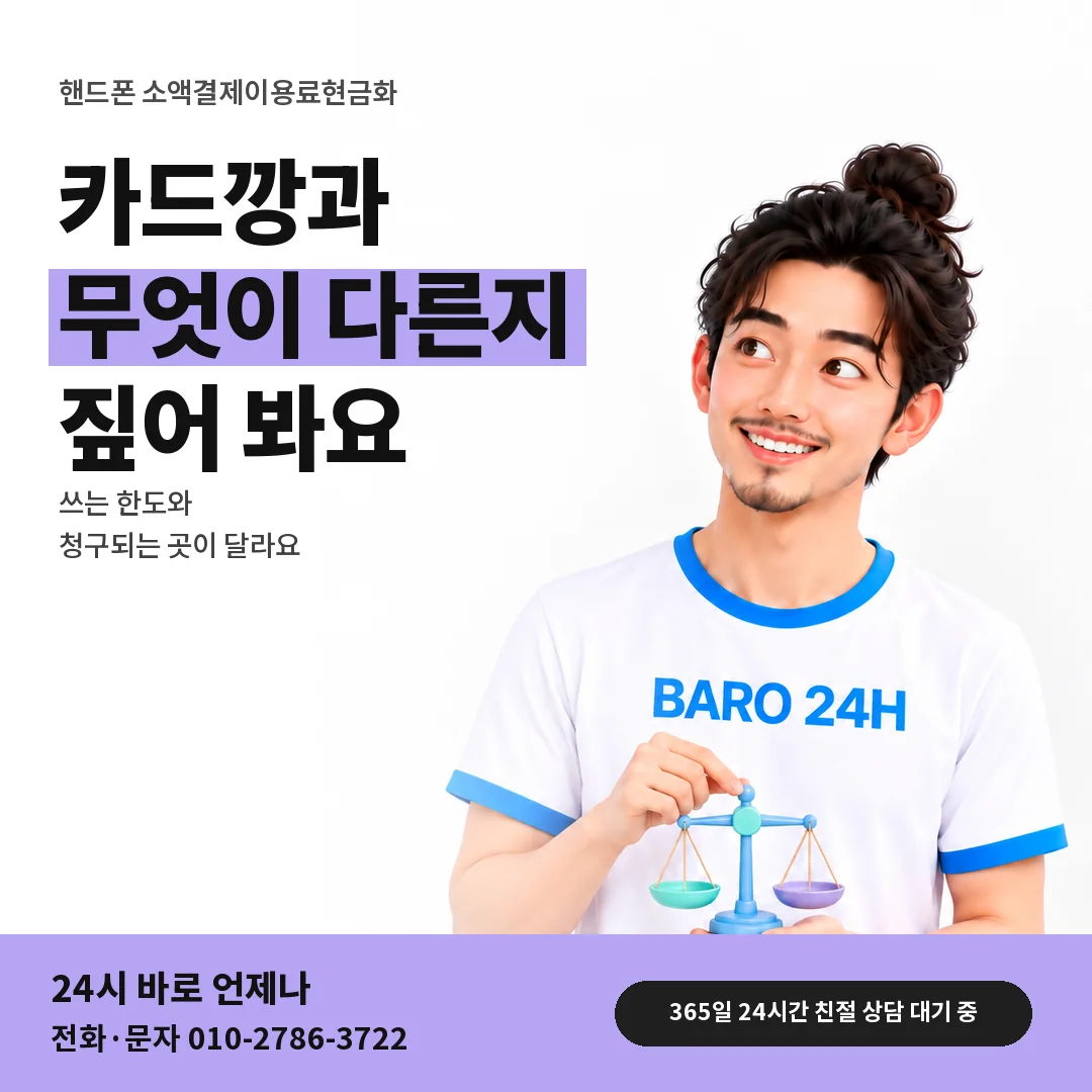 BARO 24H 티셔츠를 입은 3D 인물 옆에 「핸드폰 카드깡 차이 알기」 제목을 얹은 안내 카드